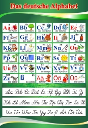 Купить Стенд Das deutsche Alphabet  Алфавит с прописными буквами в кабинет немецкого языка в зелёных тонах 530*770 мм в Беларуси от 66.00 BYN