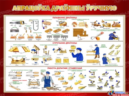 Стенд Апрацоўка драўніны ўручную в кабинет трудового обучения на белорусском языке в бордовых тонах 1000*700мм Стенд Апрацоўка драўніны ўручную в кабинет трудового обучения на белорусском языке в бордовых тонах 1000*700мм