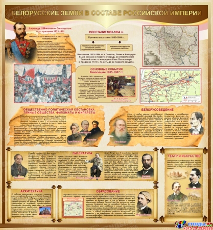 Стенд Белорусские земли в составе Росийской Империи в золотисто-коричневых тонах 1000*1080 мм
