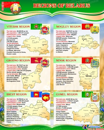 Стенд Regions of Belarus на английском языке в зеленых тонах 800*1000мм