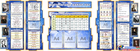 Стенд Матэматыка вакол нас с расширенными формулами на белорусском языке в синих тонах 2506*957 мм