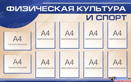 Стенд Физическая культура и спорт. Информация, спорт, здоровье в сине-бежевых тонах 1500*940 мм
