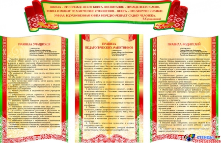 Стендовая композиция в золотисто-красных тонах Правила учащихся, пелагогических работников, родителей 1600*1060 мм