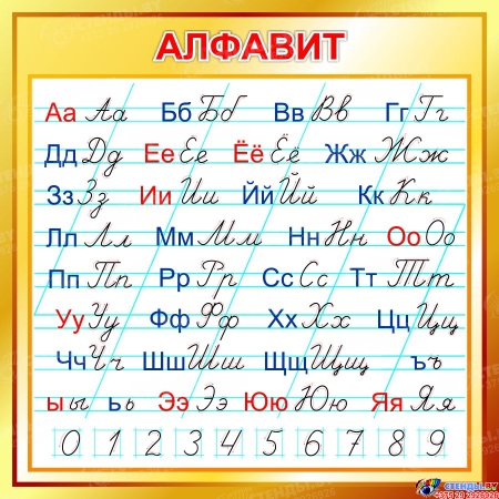Стенд  Русский Алфавит  с указанием написания букв стрелками для начальной школы в золотистых тонах  550*550мм