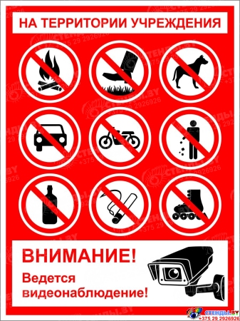 Табличка На территории Учреждения образования строго запрещено, ведется видеонаблюдение 300*400 мм