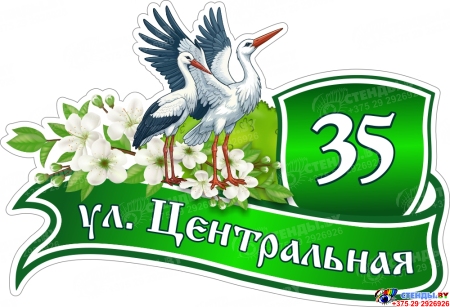 Табличка Номер дома и название улицы с аистами в зелёных тонах 600*410 мм