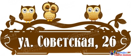 Табличка Номер дома и название улицы с совами в коричневых тонах 550*230 мм