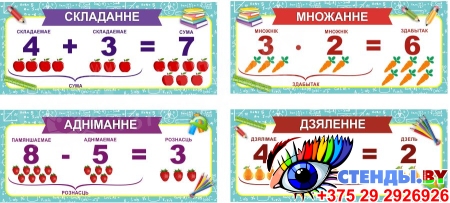 Комплект стендов Складанне Аднiманне Множанне Дзяленне для кабинета математики 700*300 мм