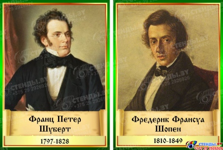 Комплект стендов портретов Великих композиторов 14 шт. в золотисто-зеленых тонах 220*300 мм Изображение #2