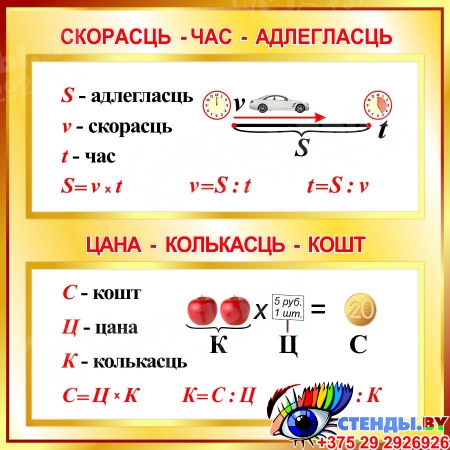 Стенд Час-скорасць-адлегласць; Цана-колькасць-кошт для начальной школы в золотистых тонах 550*550 мм