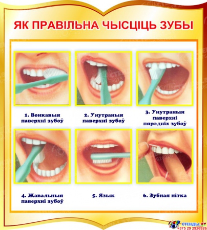 Стенд фигурный Як правiльна чысцiць зубы в золотистых тонах на белорусском языке 270*300 мм