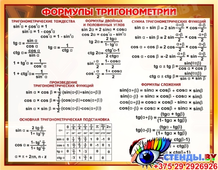 Стенд Формулы Тригонометрии В Золотистых Тонах 650*830мм