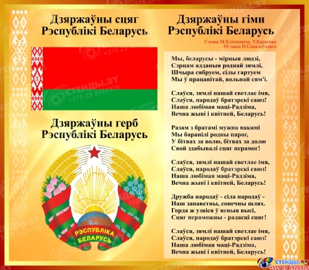 Стенд Герб, Гимн, Флаг Республики Беларусь в золотистых тонах 515*450мм Стенд Герб, Гимн, Флаг Республики Беларусь в золотистых тонах 515*450мм
