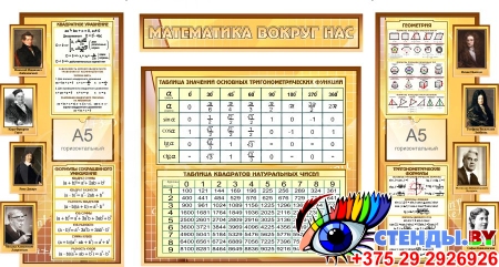 Стенд  Математика вокруг нас с формулами в кабинет Математики в золотисто-коричневых тонах 1820*975мм