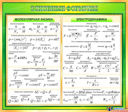 Стенд Основные формулы молекулярной физики, электродинамики в золотисто-зелёных тонах 800*700 мм