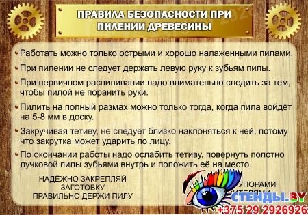 Стенд Правила безопасности при пилении древесины в кабинет трудового обучения 1000*700мм