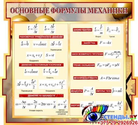 Стенд в кабинет физики Основные формулы механики 800*730 мм