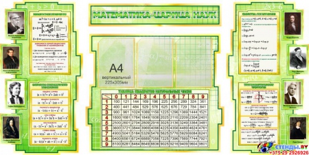 Стенд в кабинет Математика-царица наук с формулами и тригономертической таблицей в золотисто-зелёных тонах 1825*955мм