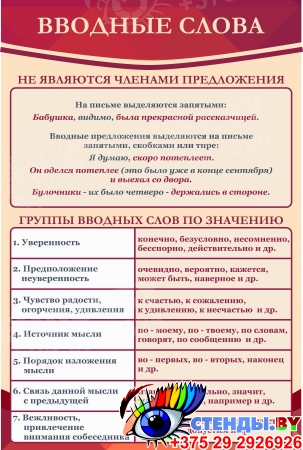 Стенд Вводные слова в кабинет русского языка в красных тонах 600*900 мм