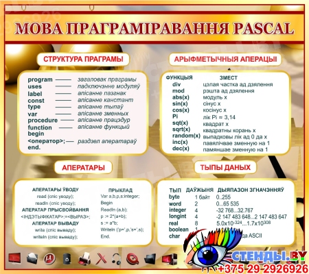 Стенд Мова праграмiравання Pascal на белорусском языке в золотисто-коричневых тонах 1100*980мм