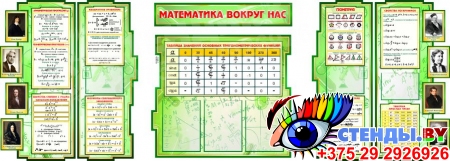 Стендовая композиция Математика вокруг нас с формулами и портретами в зелёных тонах 2506*957мм
